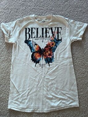 Believe Butterfly Graphic Tee in Cream with Blue & Orange